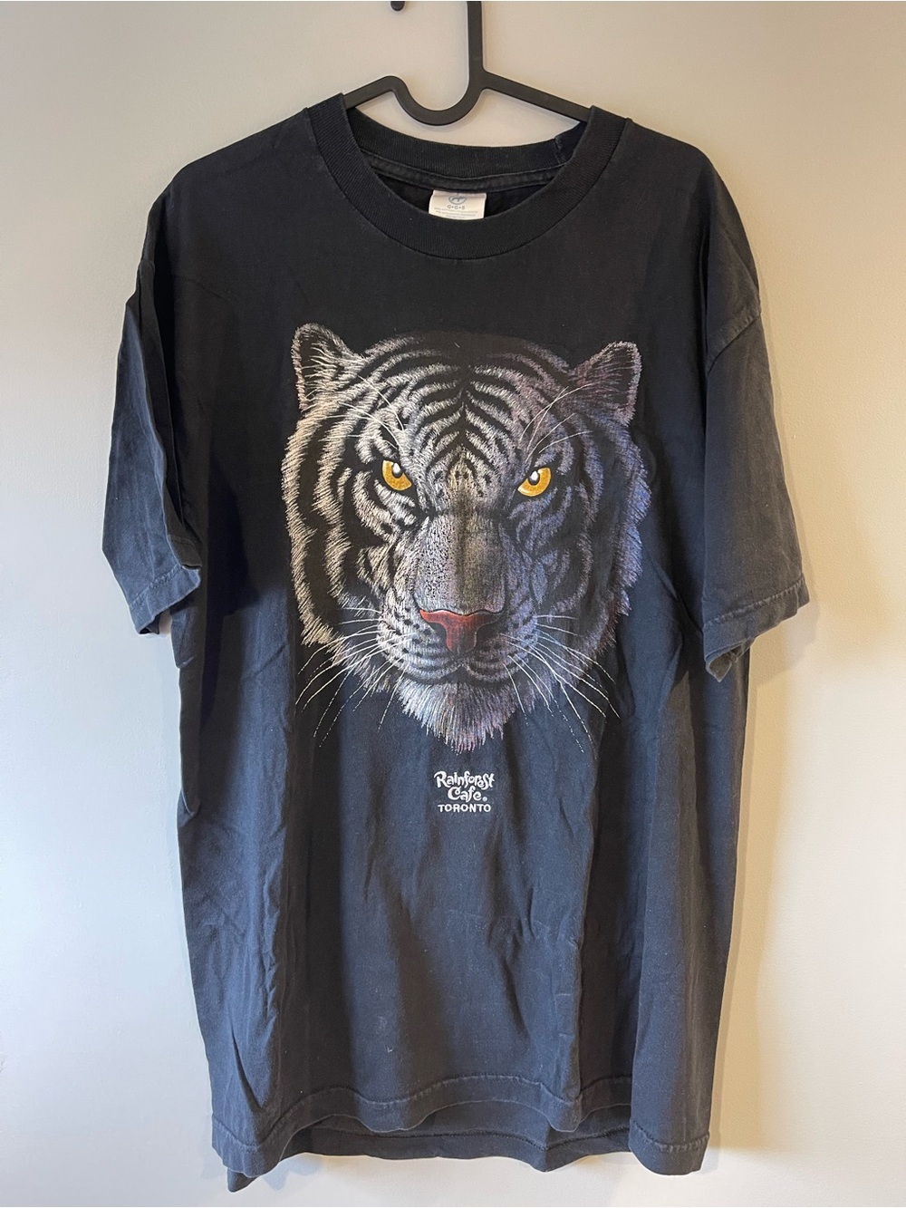 Vintage Black Tee with Tiger Face Graphic and Yellow Eyes